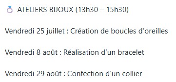 Ateliers adultes BASES BIJOUX - Juillet et août 2025