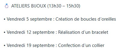 Ateliers adultes BASES BIJOUX - Août et septembre 2025 (13h30 à 15h30)