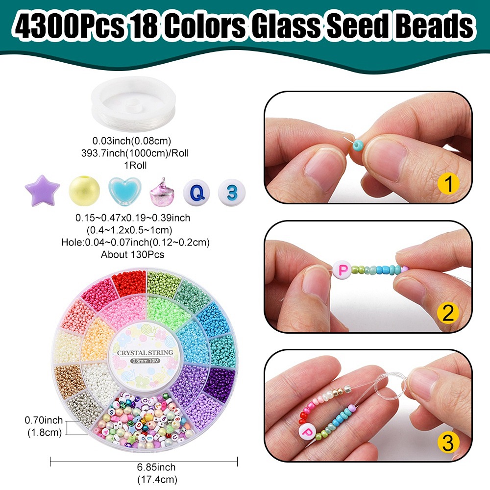 Kit complet de perles de rocaille, 18 couleurs + perles lettres et plastique, 4mm, 945 pièces par boîte (copie)