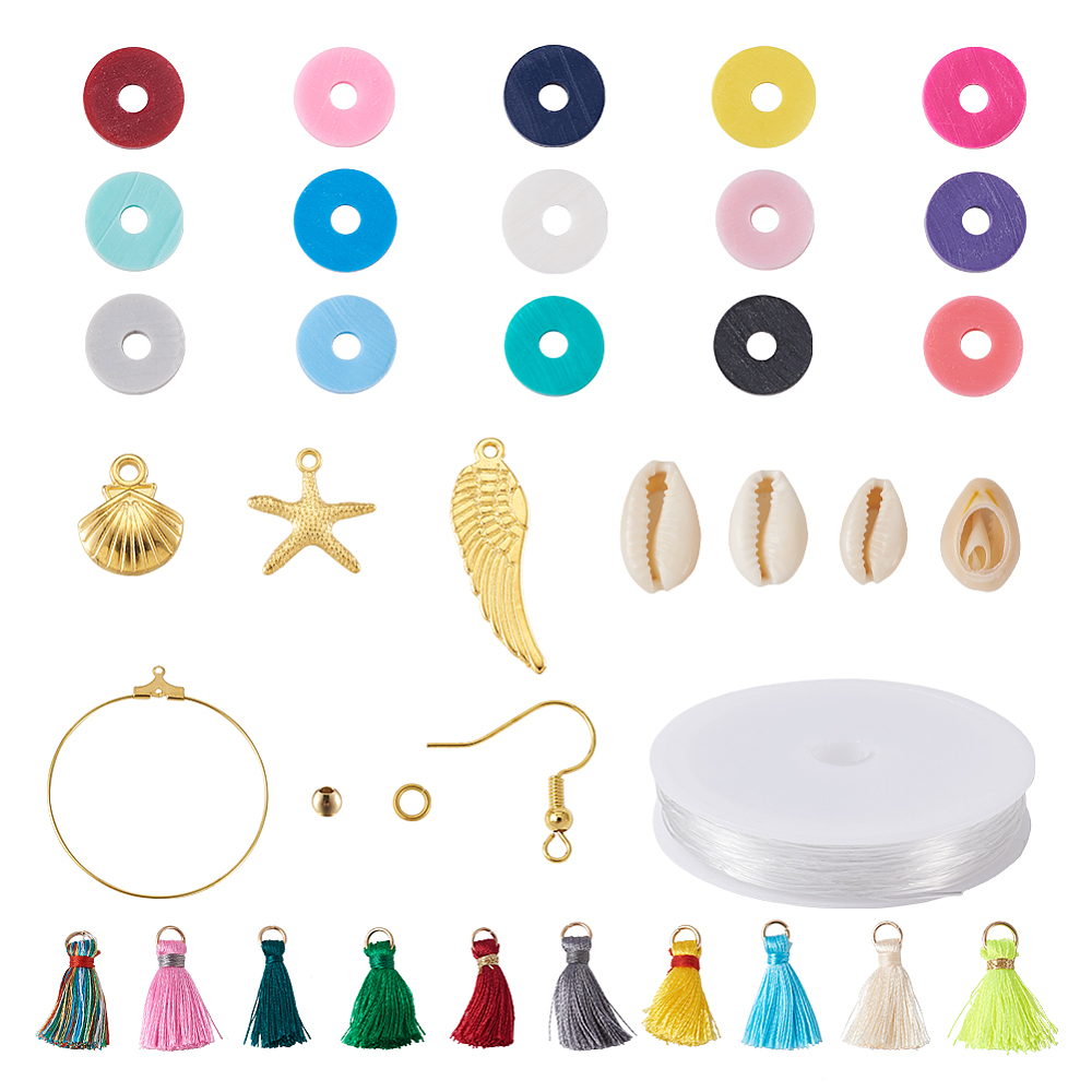 Kit perles Heishi polymère pour bijoux, 6x1mm, trou 2mm, 15 couleurs + coquillages + pendentifs + boucles d'oreilles + élastique