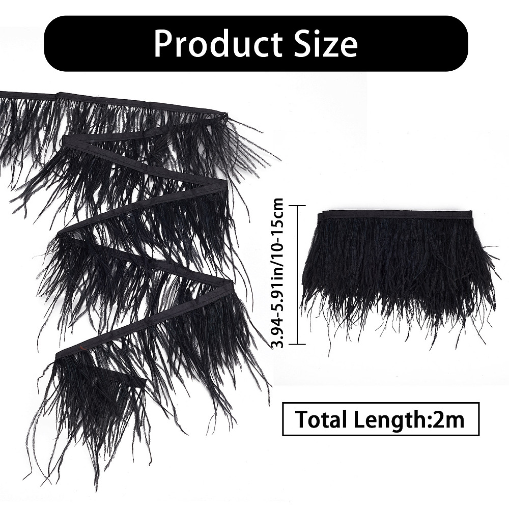 Ceinture/Ruban en plume, NOIR, 2 mètres, plumes de 10-15cm