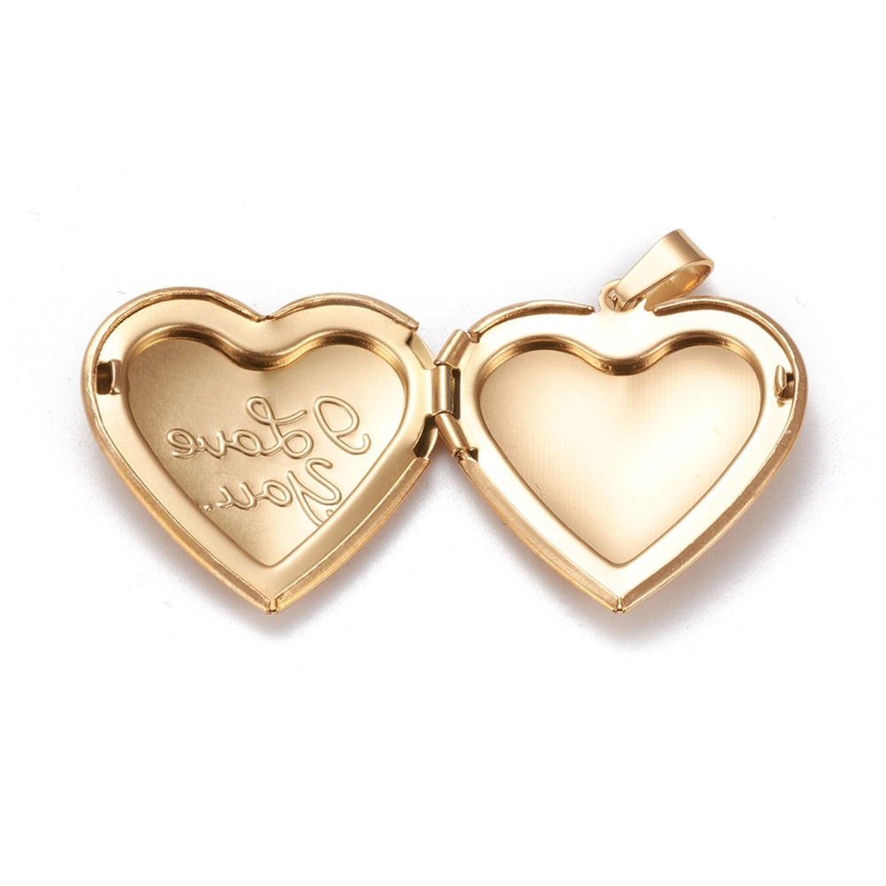 Pendentif INOX doré, placage ionique, plaqué or 18k, coeur avec la phrase &quot;I love you&quot; avec cadre photo, 29x29x7mm, trou 7x3mm