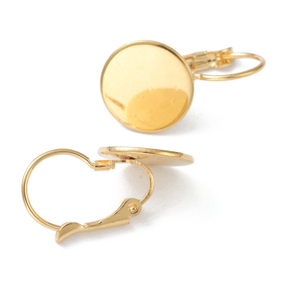 Boucle d'oreille dormeuse, INOX doré, support cabochon plat rond 22x12x11.5mm, pin: 0.8 mm