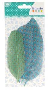 Plumes imprimées vert or et bleue env 3.5x12cm et 15x5cm, le sachet