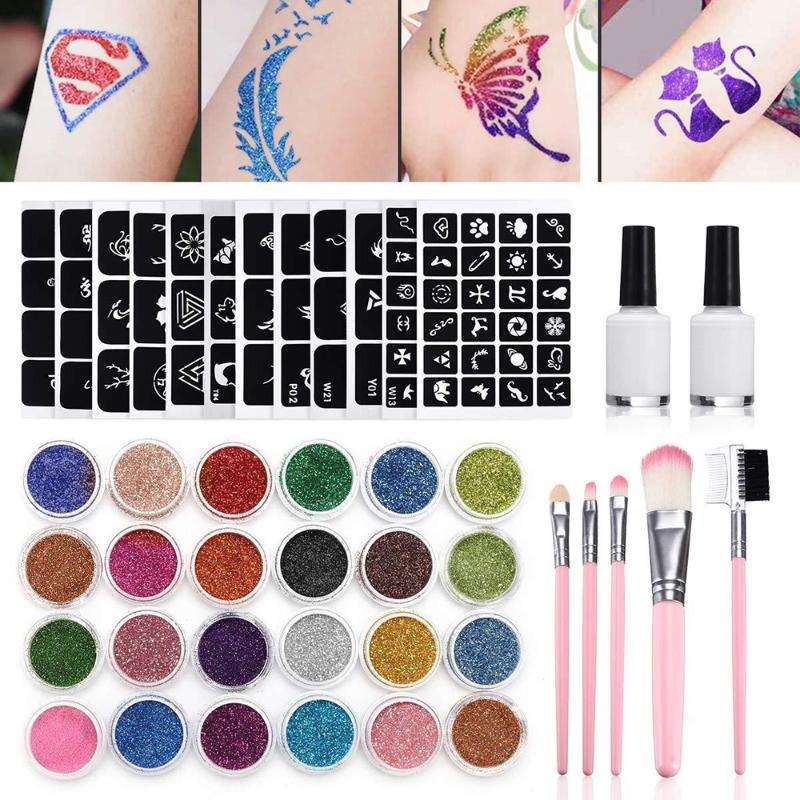 Kit de tatouage : 104 pochoirs, 2 pinceaux, 3 colles et 32 boites de paillettes