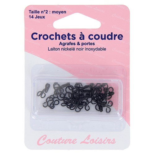 Crochets à coudre, agrafes et portes, laiton nickelé noir inoxydable, taille n°2 : moyen, x14