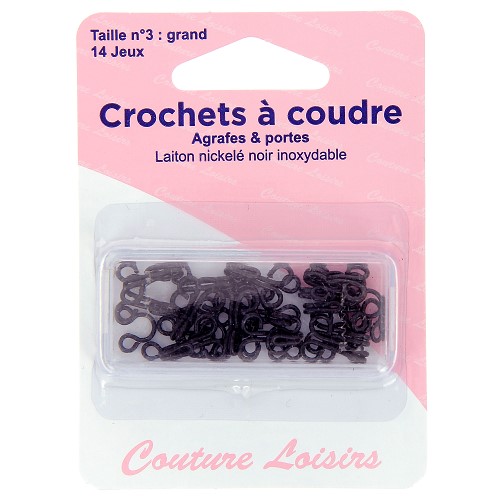 Crochets à coudre, agrafes et portes, laiton nickelé noir inoxydable, taille n°3 : grand, x14