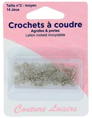 Crochets à coudre, agrafes et portes, laiton nickelé inoxydable, taille n°2 : moyen, x14