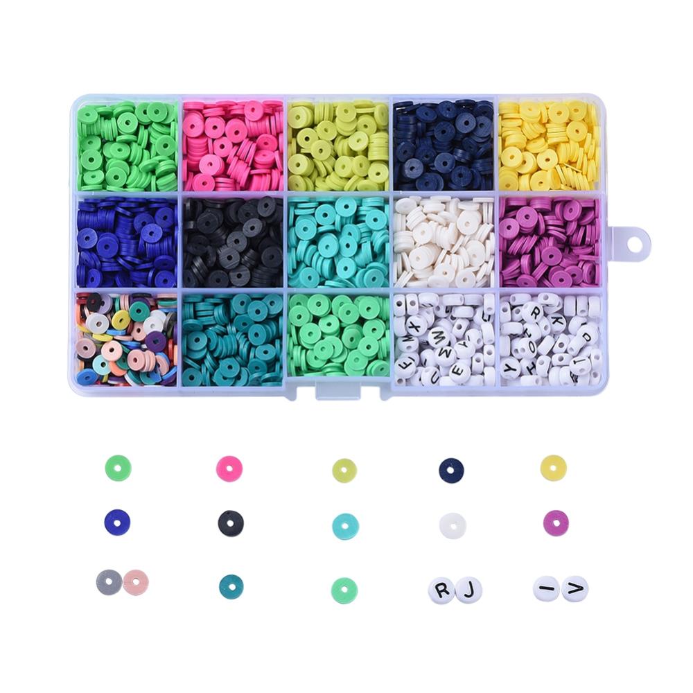 [X0293  DIY-X0293-75] Kit perles Heishi polymère, 6x1mm, trou 2mm, 13 couleurs + perles lettres, env. 2800 pièces