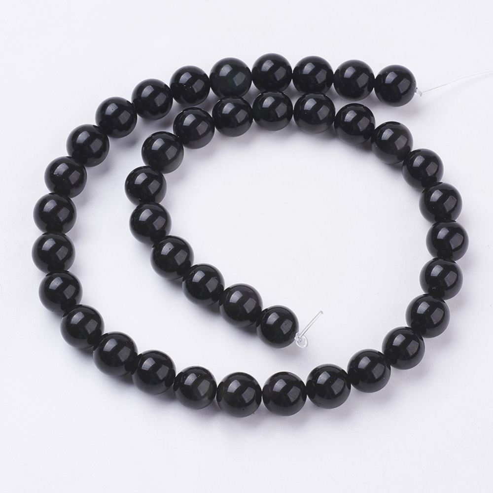 [G-G099-10mm-24] Pierre Obsidienne, naturelle, noire, grade AA, ronde, 10mm, trou 1mm