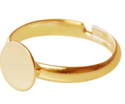 Bague réglable avec support, métal, couleur or, anneau 17mm, support 8mm