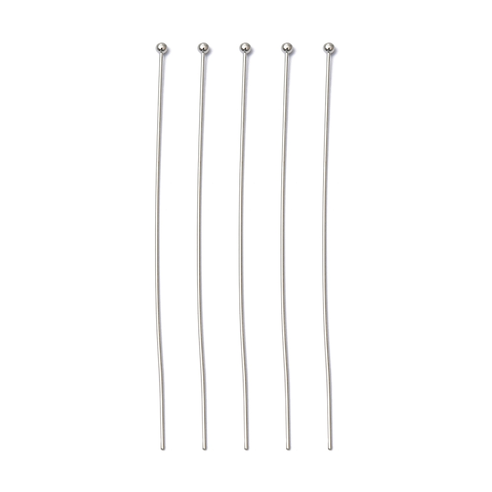 Tige en laiton, couleur platine, avec boule, 70x0,6 mm, boule 1,5 mm