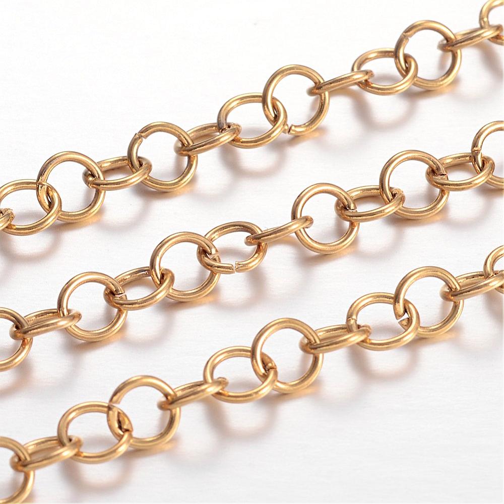 Chaîne INOX doré rolo, placage ionique, non soudée, 5x0,8mm, au mètre
