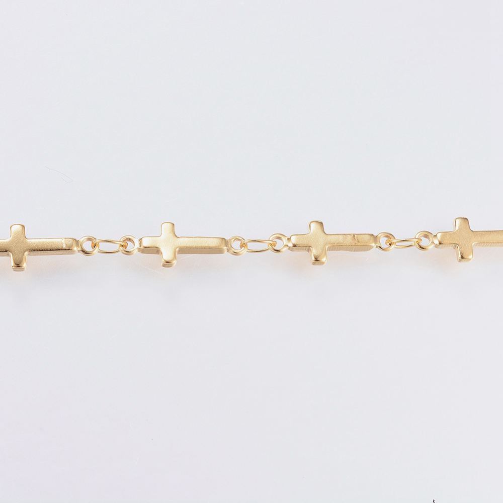 Chaîne en INOX doré, placage ionique, avec croix, 13x5x1,5mm, au mètre