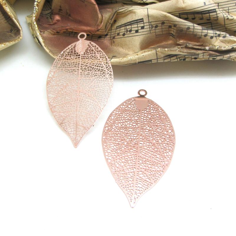 Pendentif, feuille filigrane, laiton, couleur or rose, 15mm, trou 1mm