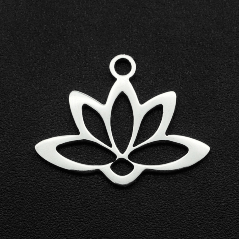 Pendentif, INOX, argent, feuille lotus, 14x18.5x1mm, trou 1.6mm