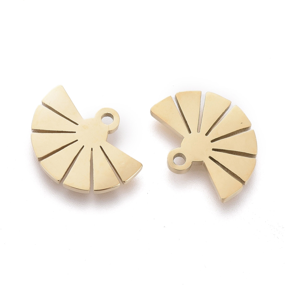 Pendentif INOX doré, placage ionique, éventail, 7,5x10x0,8mm, trou 0,8mm