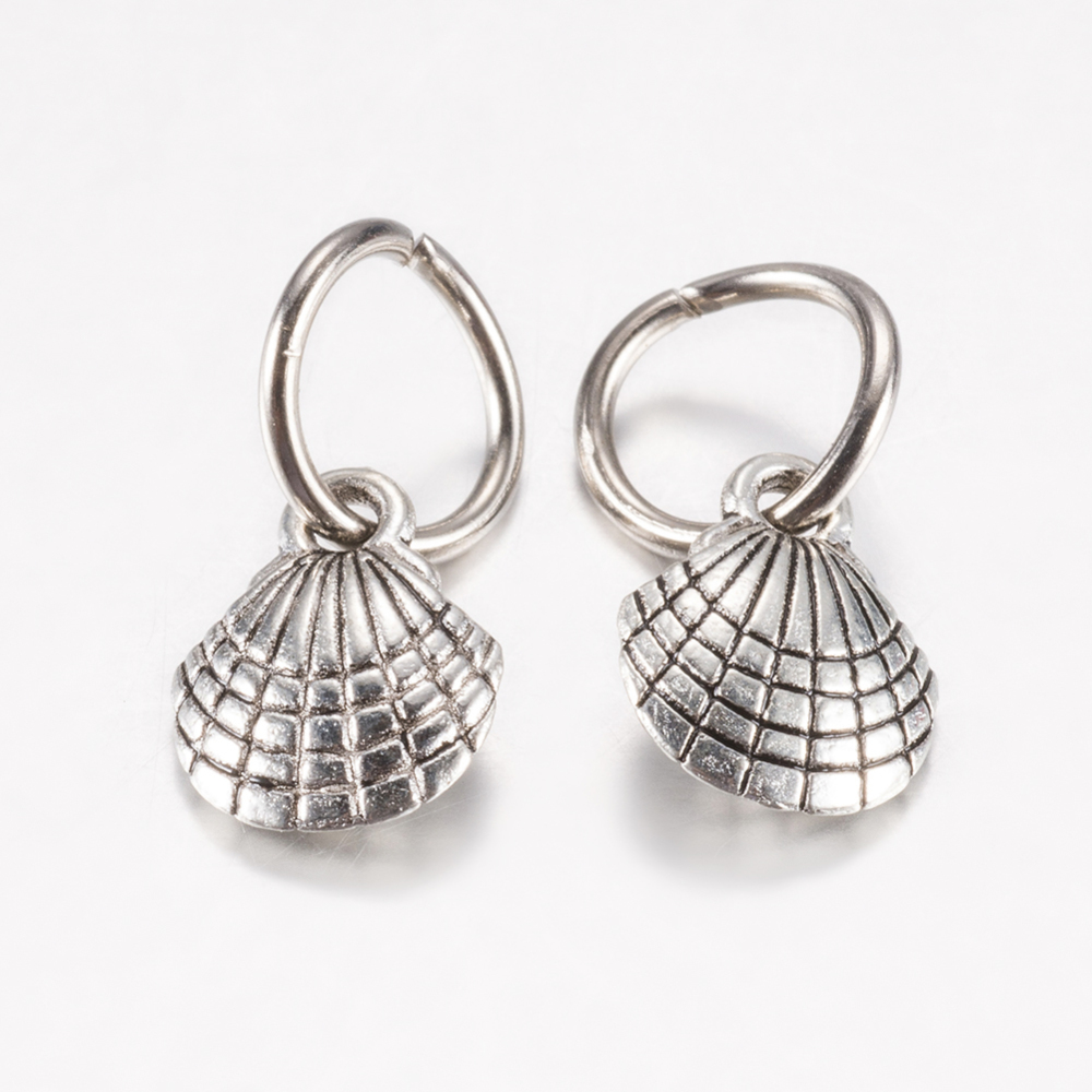 Pendentif en laiton couleur argent antique, coquillage, 13x9,5x3,5mm, anneau 7,5mm