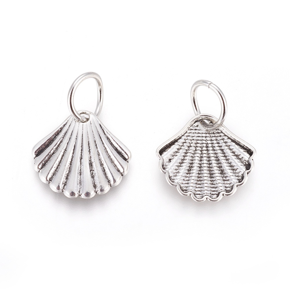 Pendentif en laiton couleur argent antique, coquillage 19,5x12x2,5mm, anneau 7mm