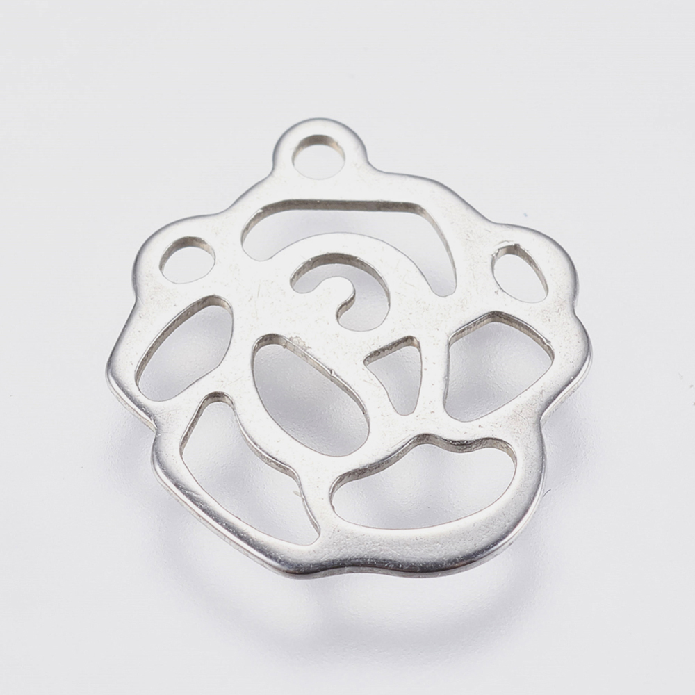 Pendentif, fleur creuse, INOX, argenté,13x12x0.5mm,trou 1mm