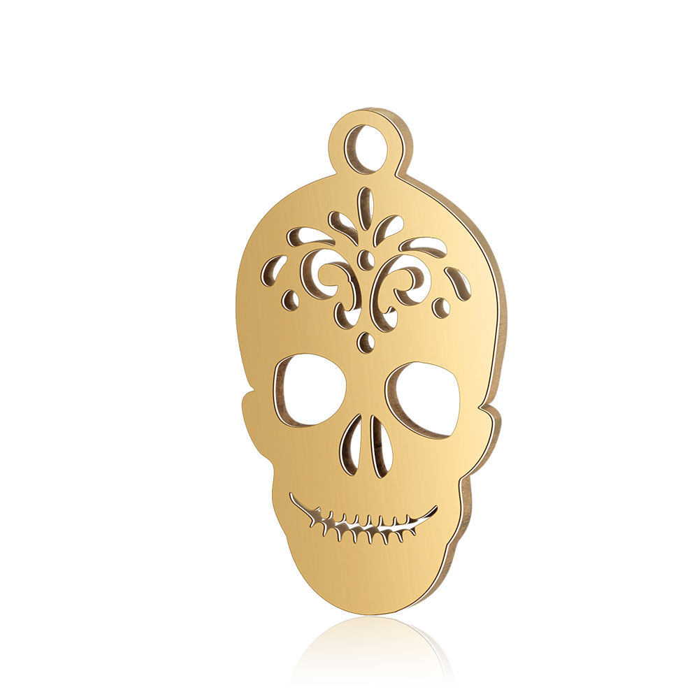 Pendentif, INOX doré, placage ionique, crâne mexicain, 18x10.5x0.8mm trou 1mm