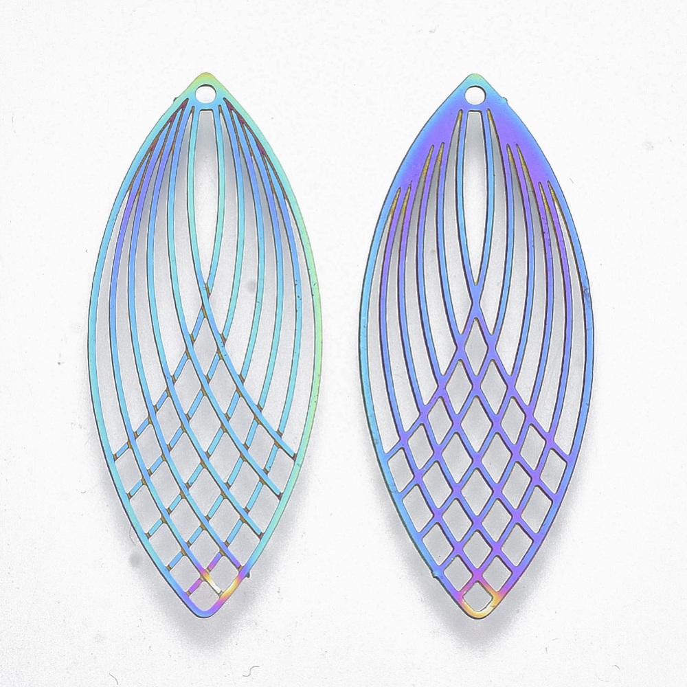 Pendentif, filigrané, multicolore, INOX, 40x16x0.3mm, trou 1.2mm