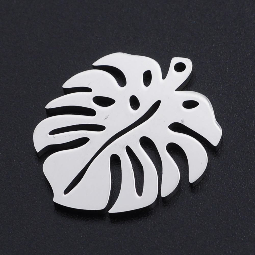 Pendentif INOX argenté, feuille de monstera 24x21x1mm trou 1mm