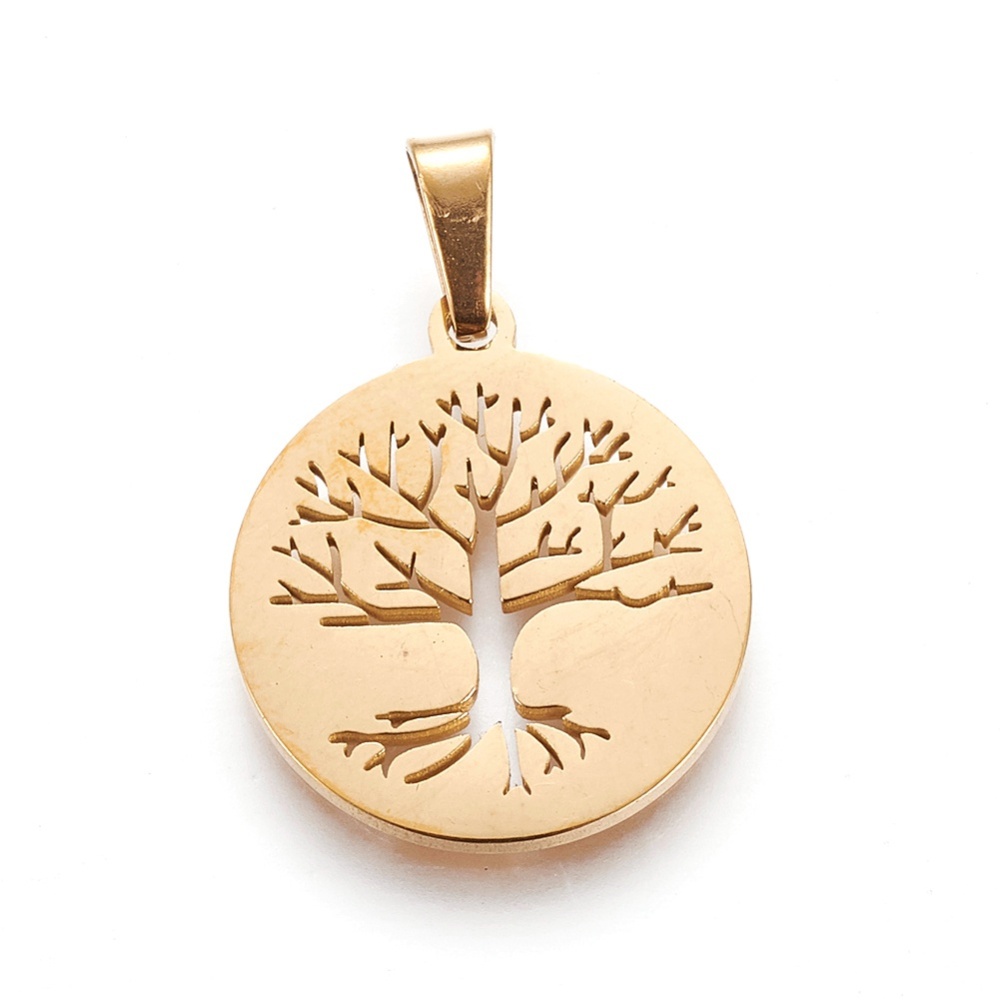 Pendentif, INOX doré, plat rond arbre de vie, ~20x16x1.5mm, trou 5x2.5mm