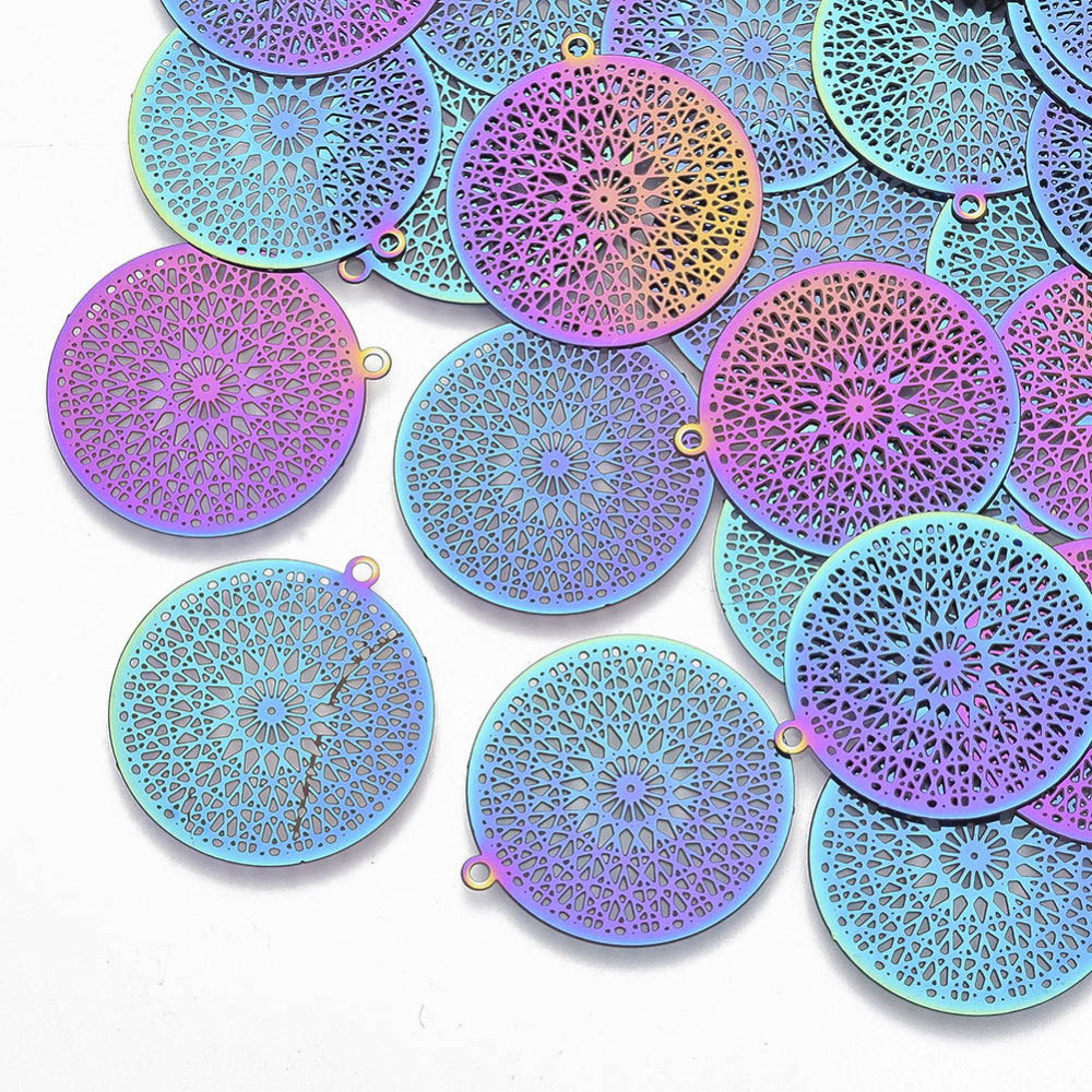 Pendentif INOX multicolore, kaleidoscope, placage ionique, diam 28mm, trou 1.4mm