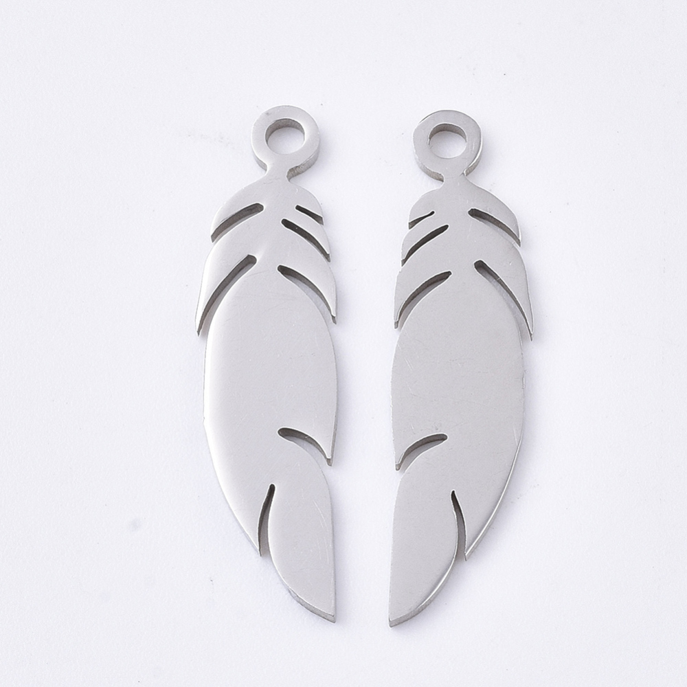 Pendentif INOX argenté, plume, 25x6x1mm, trou 1,6mm