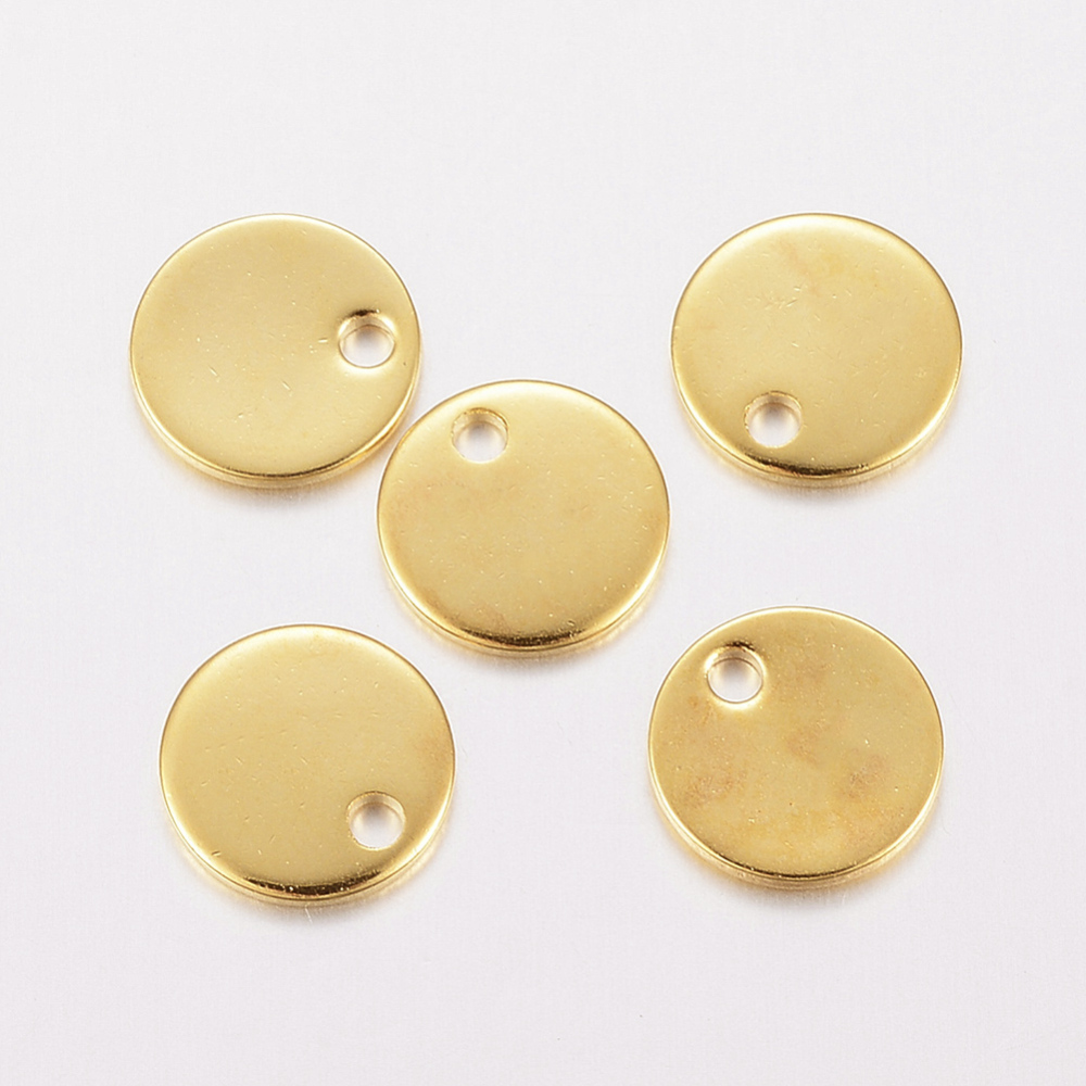 Pendentif INOX doré, placage ionique, plat rond, 8x0.6mm, trou 1mm