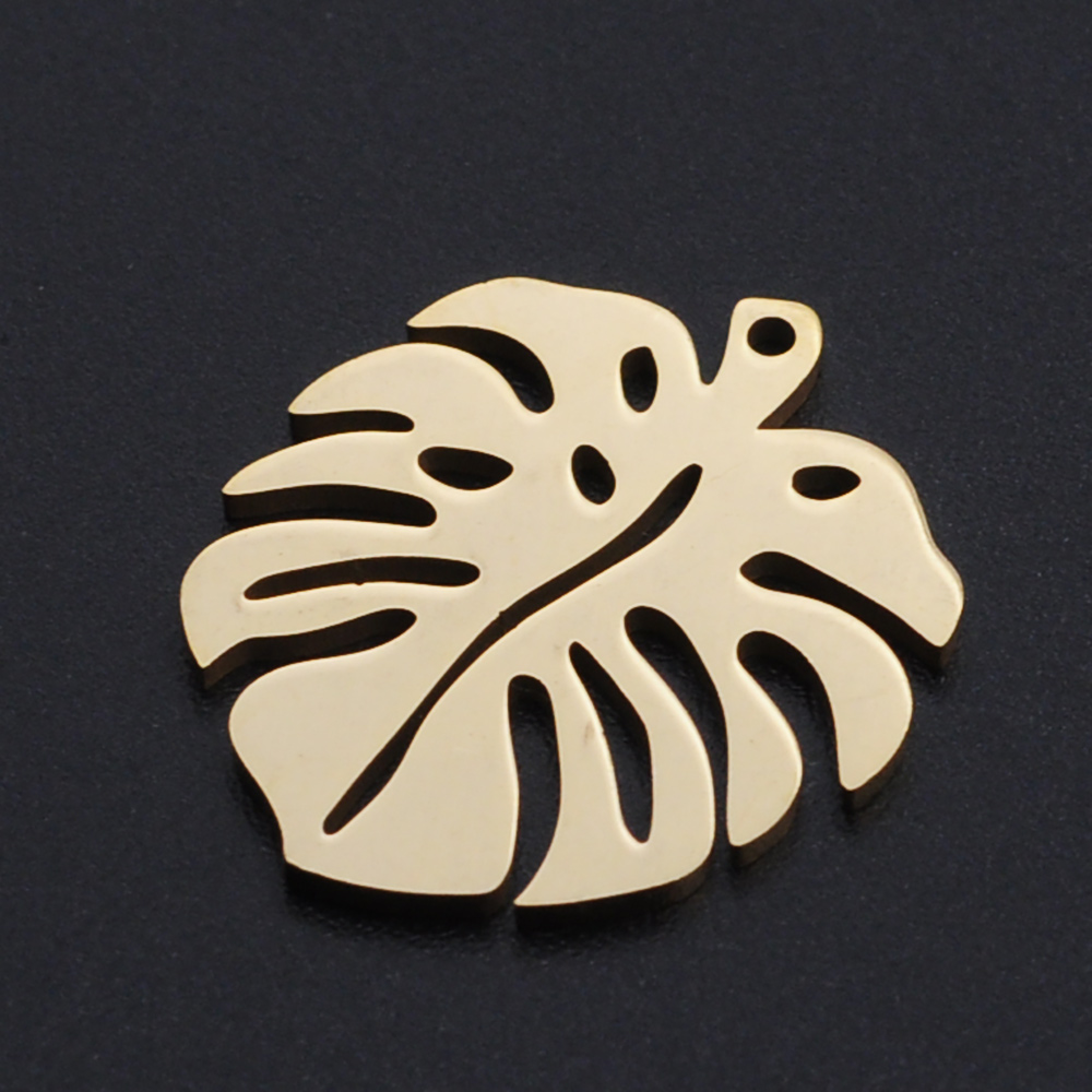 Pendentif, feuille de monstera, INOX, doré, 24x21x1mm, trou 1mm