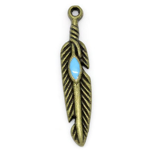 Pendentif, plume émaillée bleu, alliage, couleur bronze, 27x5mm, trou 2mm