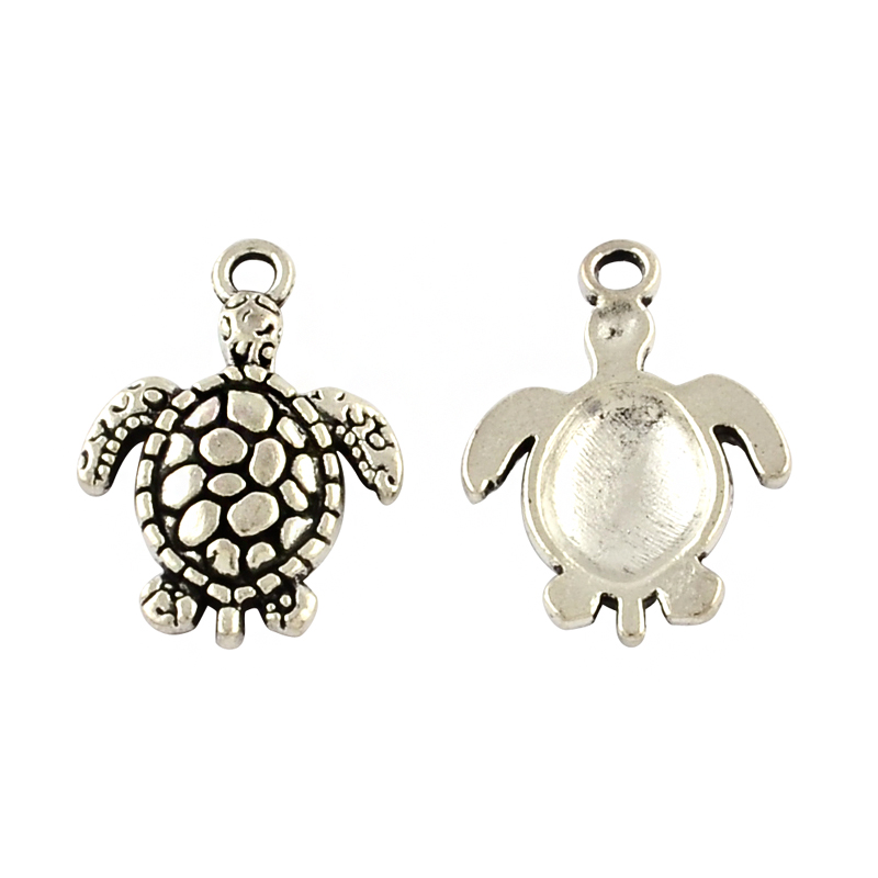Pendentif tortue, laiton, couleur argent, 16x12x2mm, trou 1.5mm