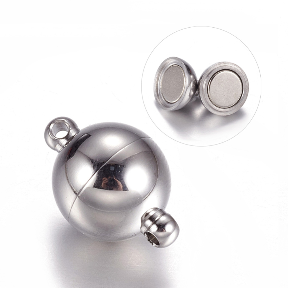 Fermoir magnétique INOX argenté, rond,15x10mm, trou 1,5mm