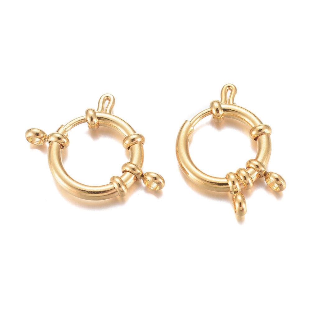 Fermoir à ressort INOX doré, plaqué or 24k, rond, 16x2,5mm, trou 2,5mm