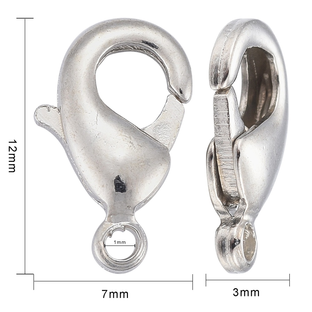 Fermoir homard en laiton, argenté brillant, 12x7x3mm, trou 1mm
