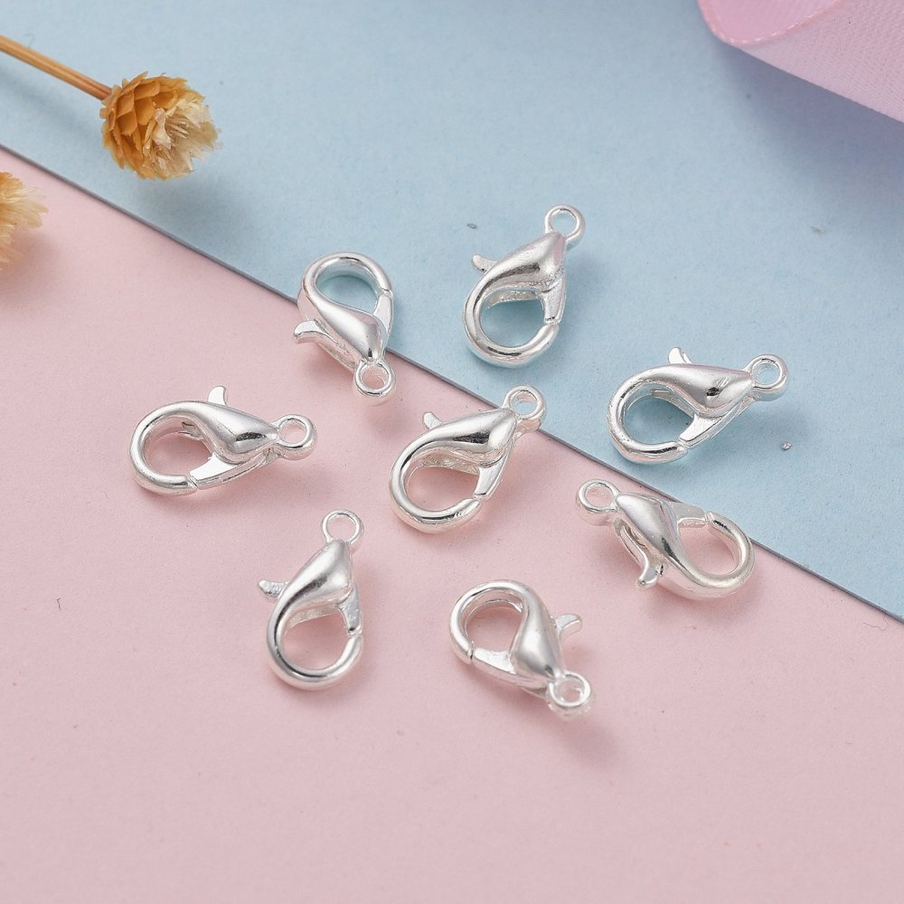 Fermoir homard, en alliage de zinc, couleur argent brillant, 10x6mm, trou 1mm