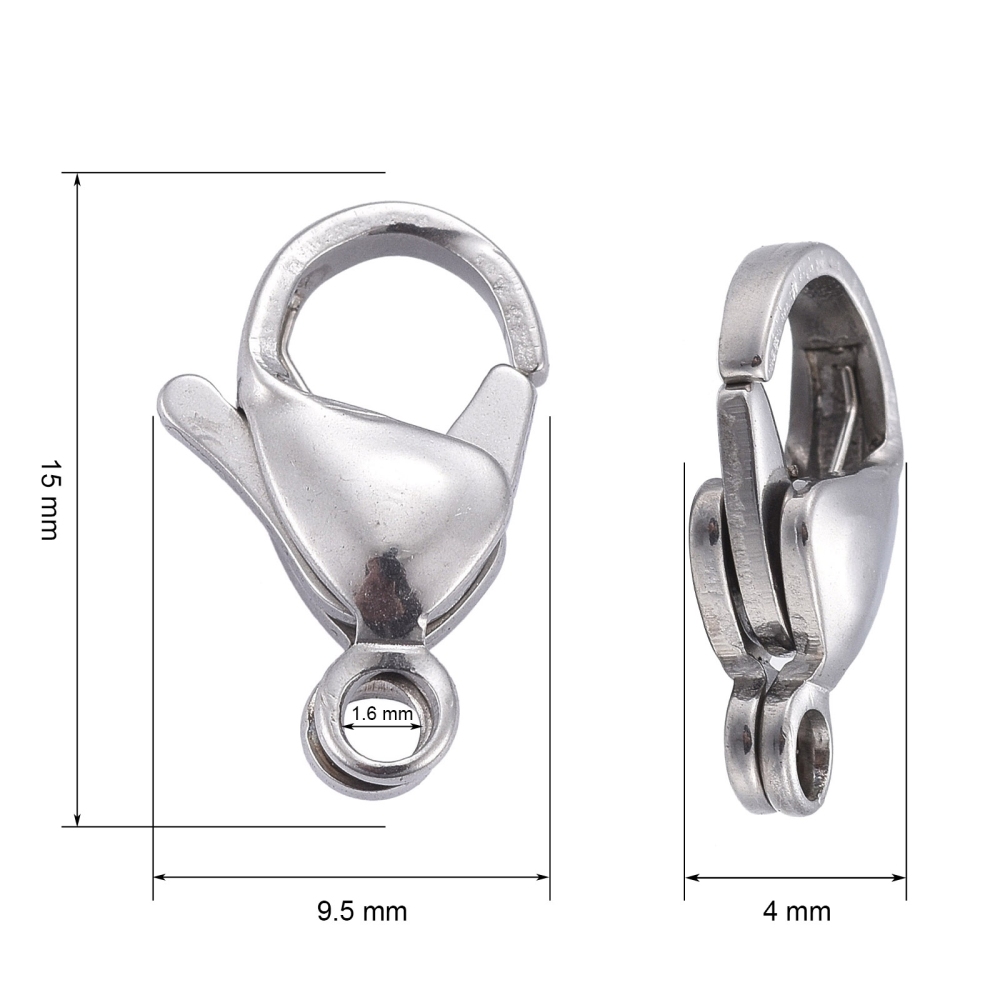 Fermoir homard INOX argenté, 15x9x4mm, trou 2mm