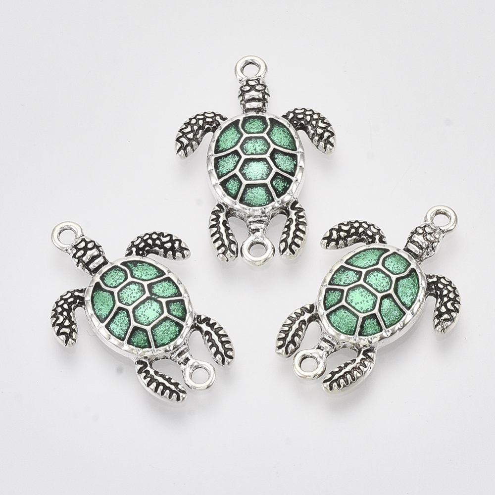 [X-PALLOY-T072-011AS-01] Estampe en laiton  argent émaillé, tortue de mer, 27x18,5x3,5mm, trou 1,6mm