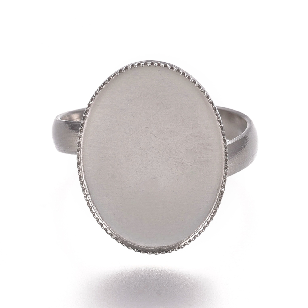 Bague support INOX argenté réglable, ovale, plateau: 18.5x13.5mm, taille 7, 17.5mm