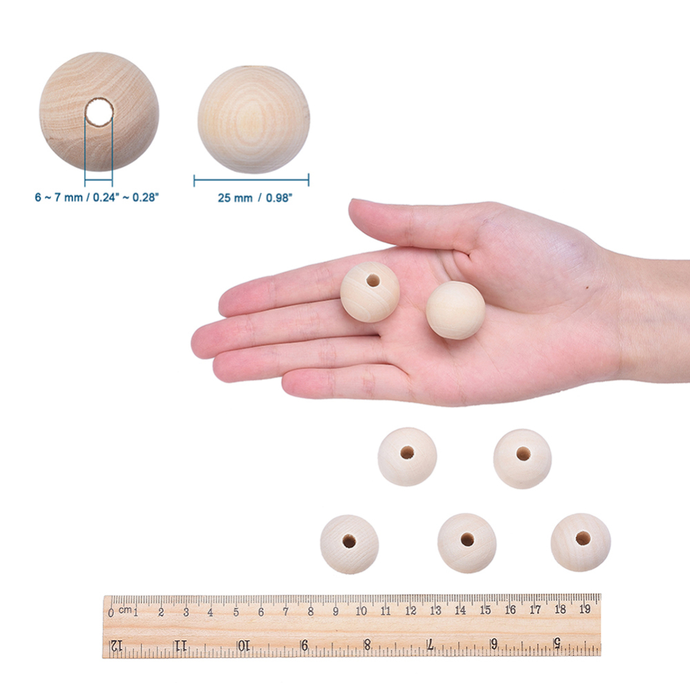 Perle en bois naturel, boule, diamètre 25mm, trou env. 6mm, l'unité