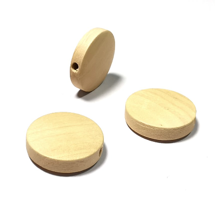 Perle en bois naturel, ronde et plate, diamètre 14mm, ép 3mm, trou 1mm