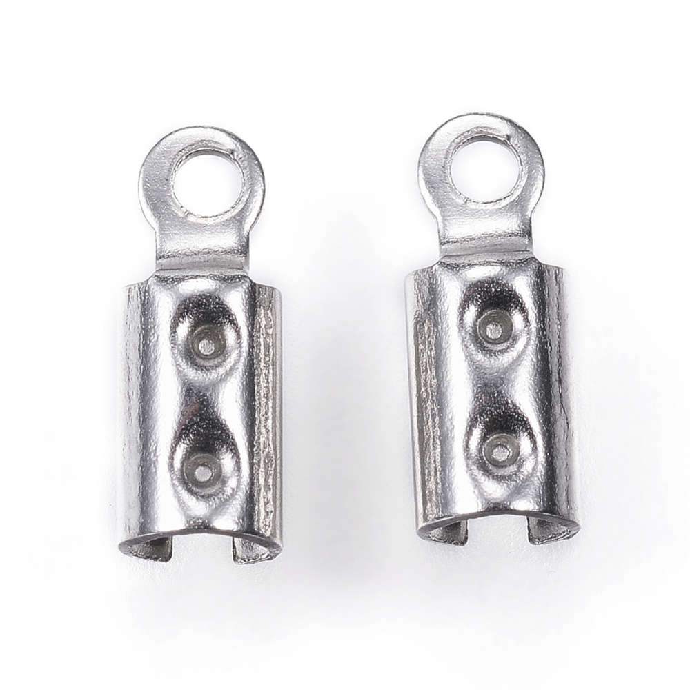 Embout de cordon à écraser INOX argenté, 8,5x3mm, pour fil de 1,5-2mm, trou 1,2mm