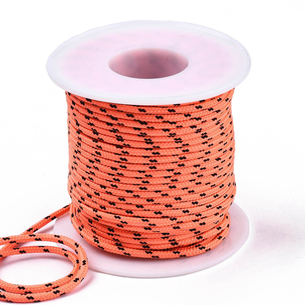 Découpe de Paracorde, nylon, orange corail avec tâche noire, rond, diam 2mm - le mètre