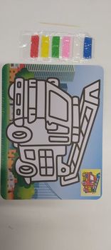 [98345] Livret carte sable camion pompier sur fond imagé+sable 6 couleurs 21x15cm
