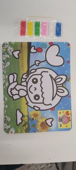 [98363] Livret carte sable fille ballon coeur fond imagé+sable 6 couleurs 21x15cm