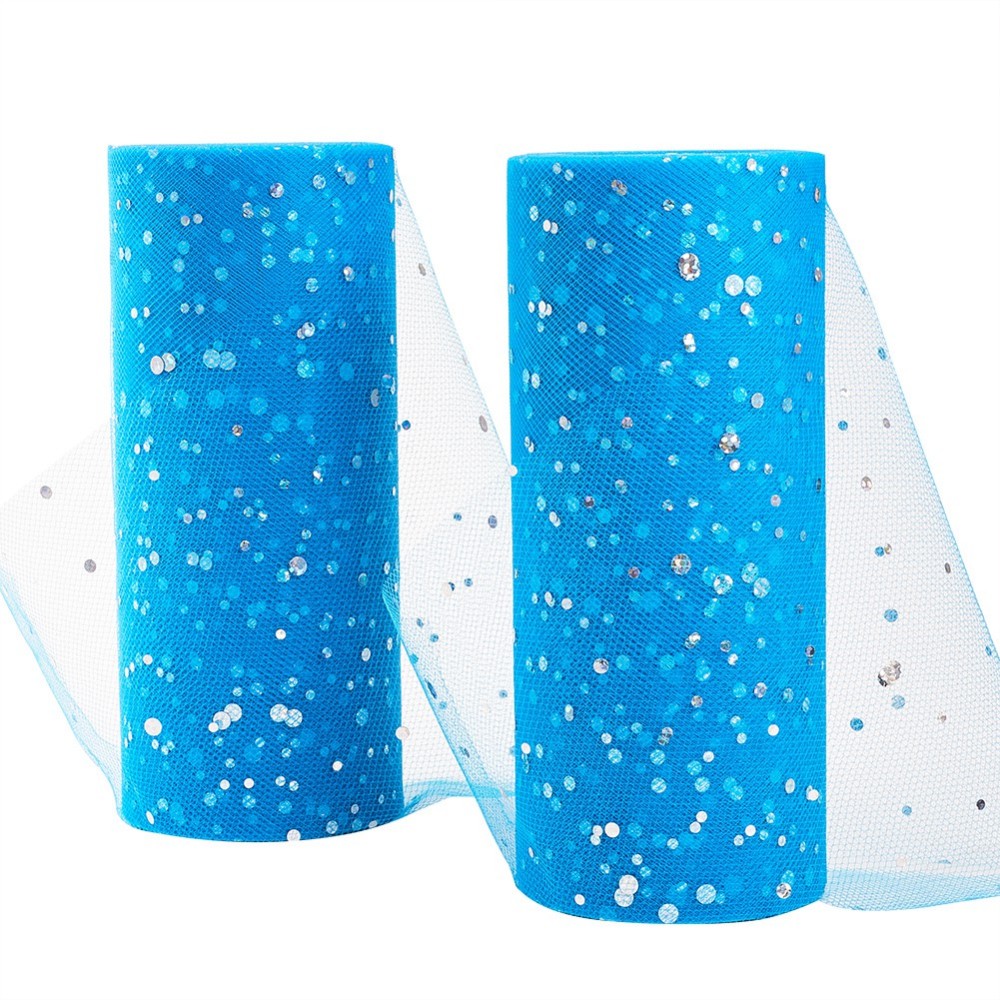 Ruban de Tulle, bleu à paillettes, largeur 15cm, le mètre