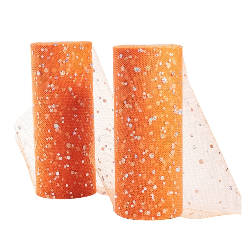 Ruban de Tulle, orangé à paillettes, largeur 15cm, le mètre