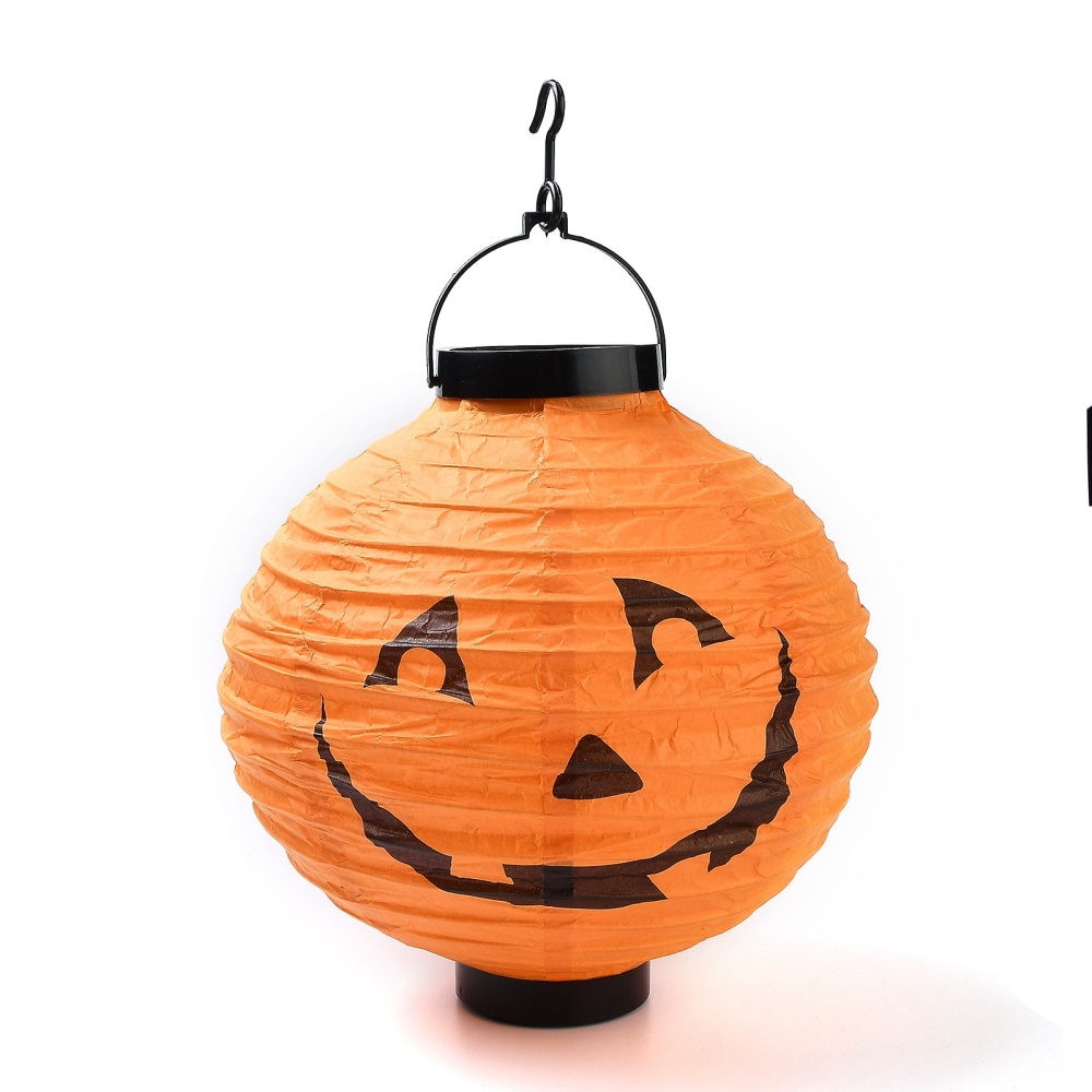 Lampe Halloween en papier, à led, orange, avec crochet, diam 20cm